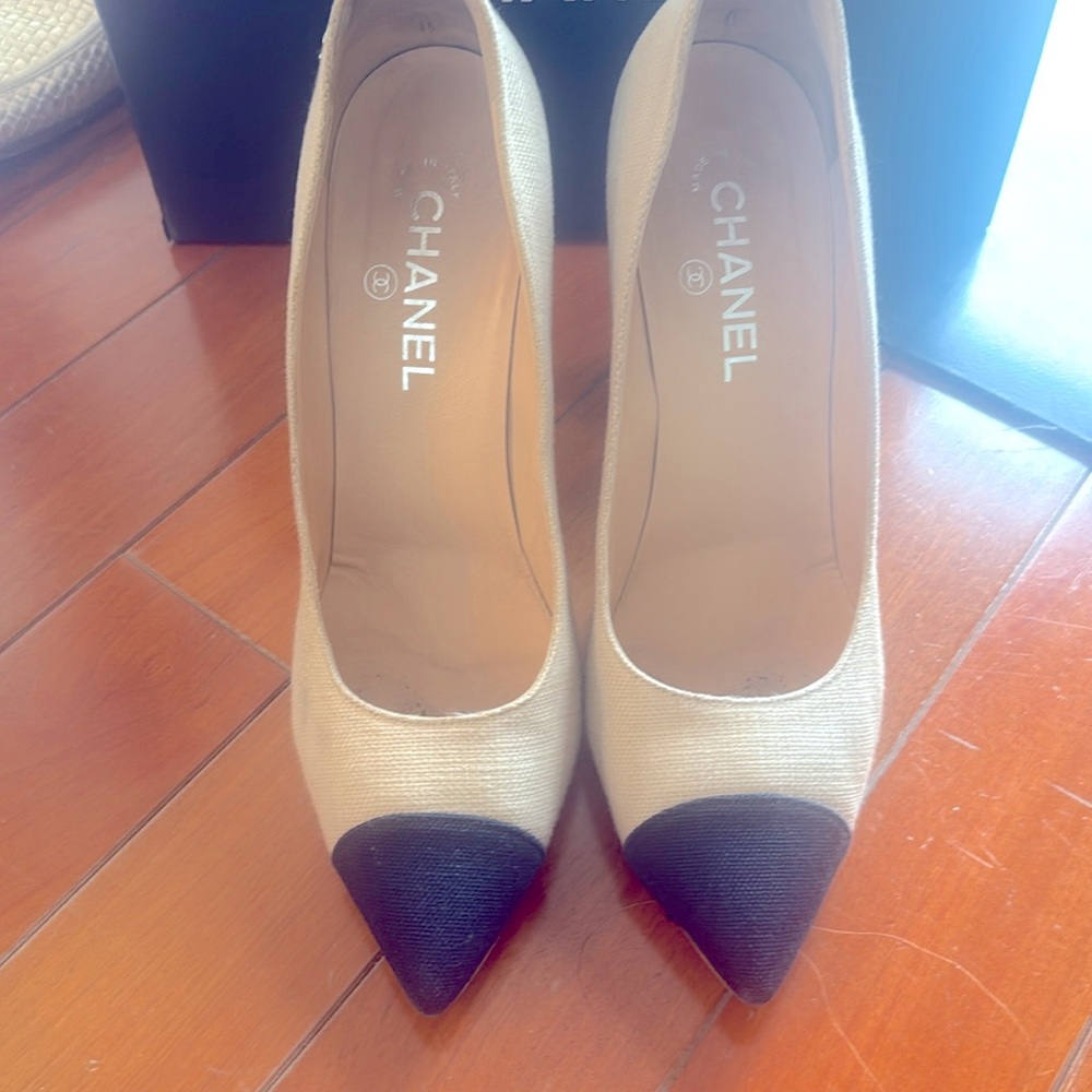CHANEL nautical not heel linen light beige pump size 41.5